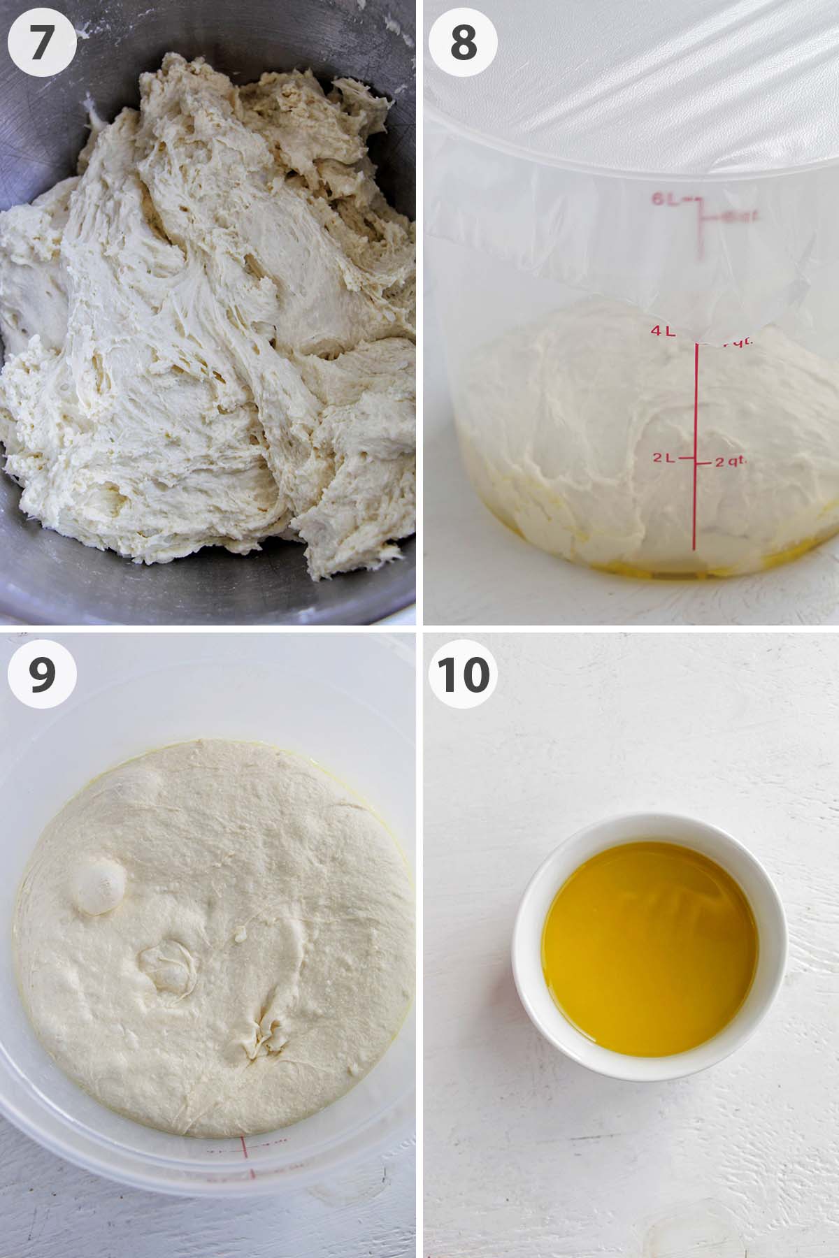 four numbered photos showing how to ferment focaccia barese dough and make olive oil topping.