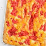 pan of tomato focaccia bread.