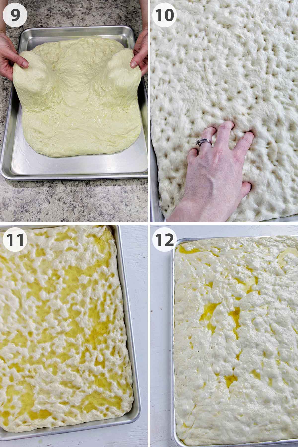 four numbered photos showing how to stretch and proof focaccia dough.