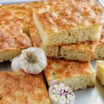 stacked garlic focaccia bread.