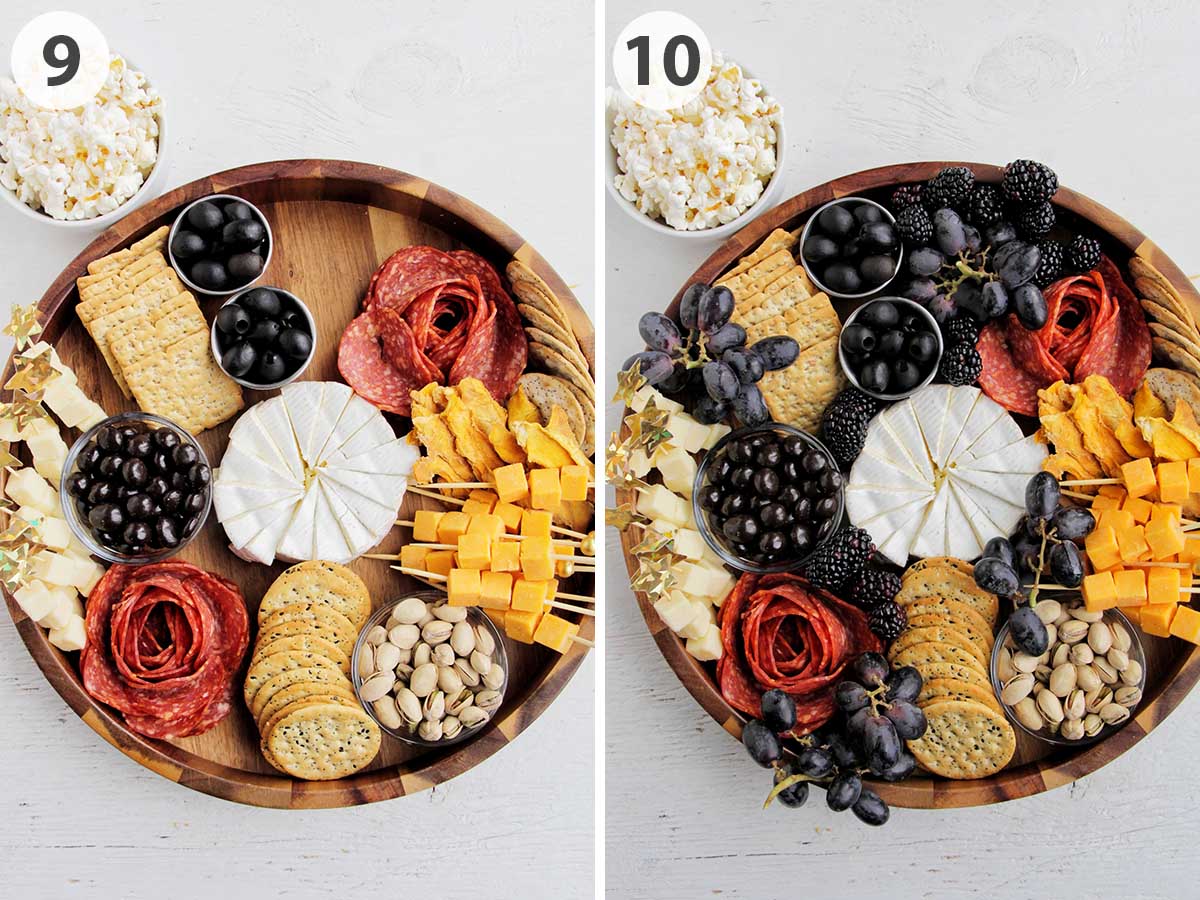 two numbered photos showing how to fill in a cheese board with cheese and fruit.