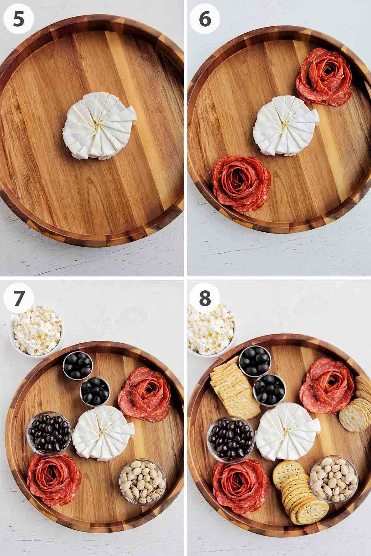 four numbered photos showing how to build a cheese board with cheese, meat, and crackers.