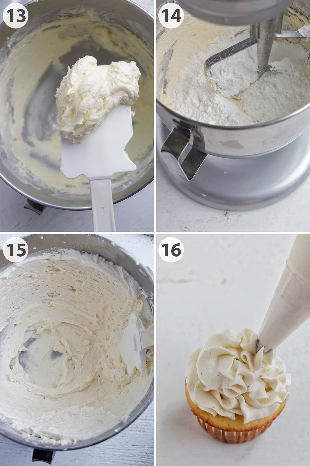 four numbered photos showing how to make and pipe boozy buttercream.