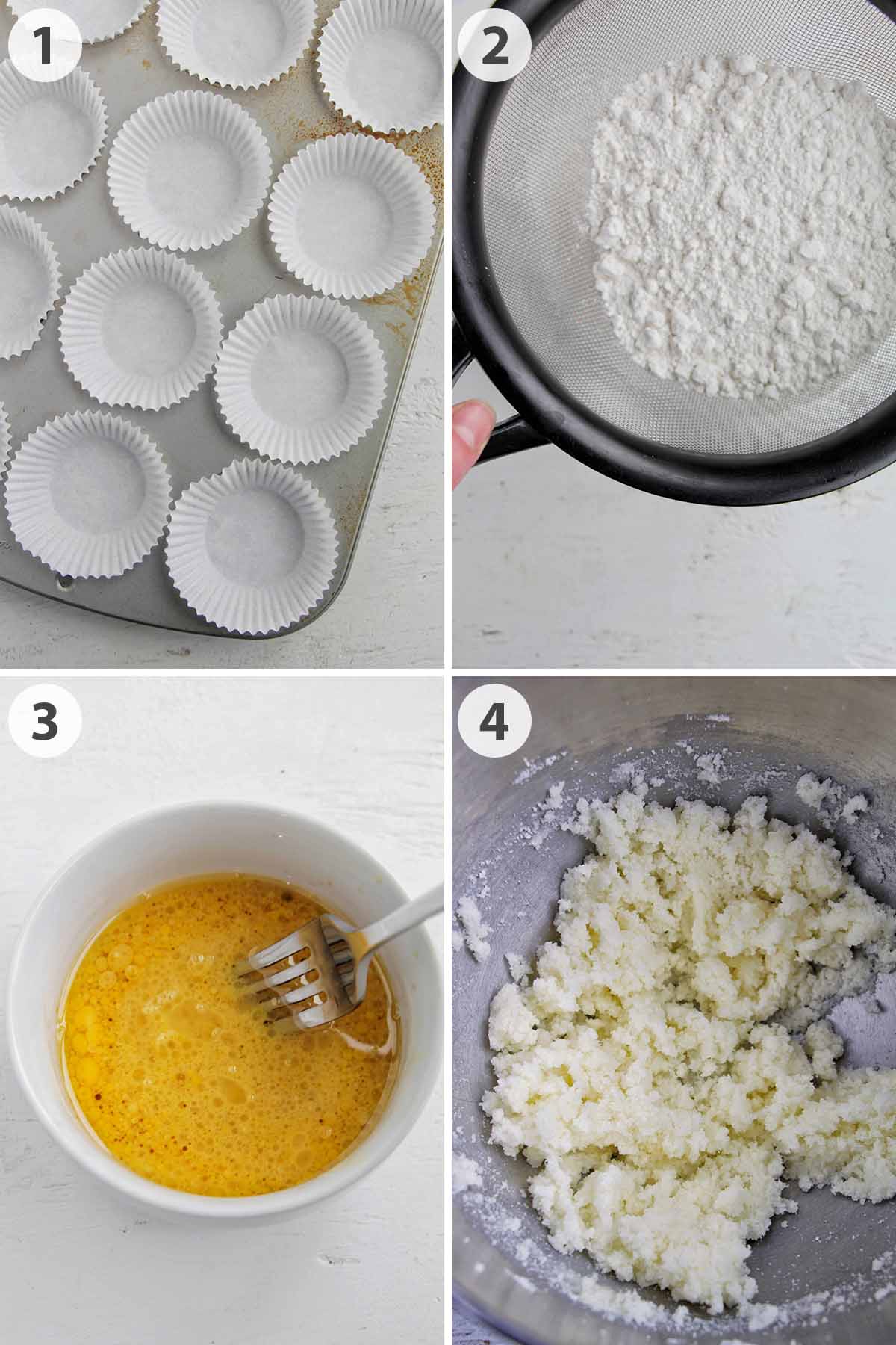 four numbered photos showing how to make cupcake batter.