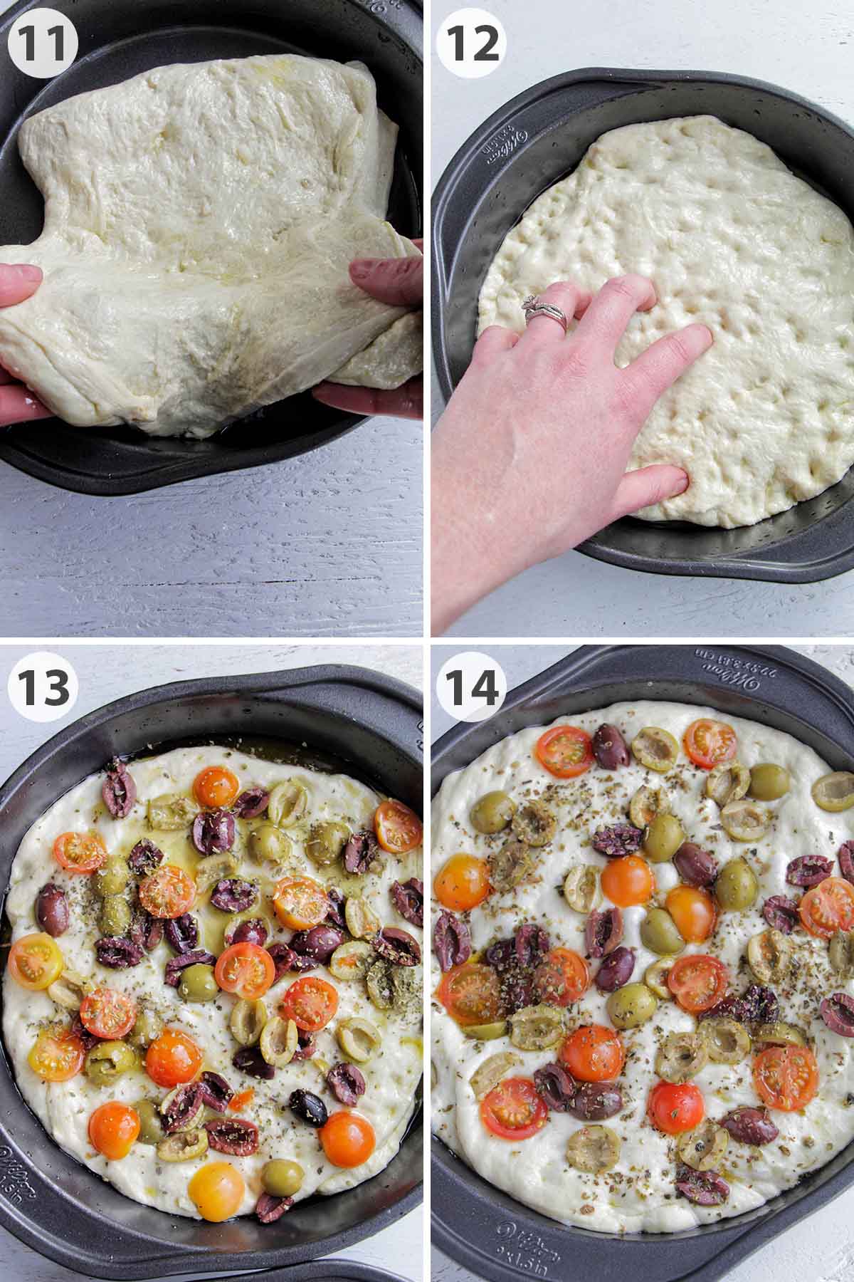 four numbered photos showing how to stretch, dimple, and garnish focaccia barese dough.