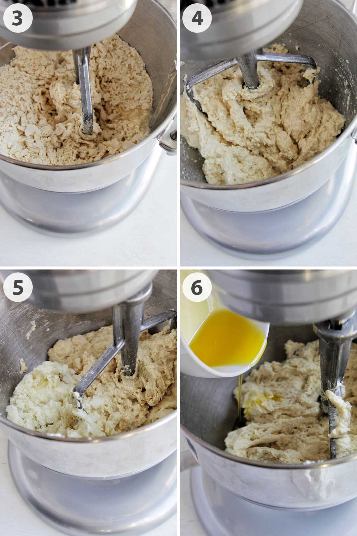 four numbered photos showing how to make focaccia barese dough.