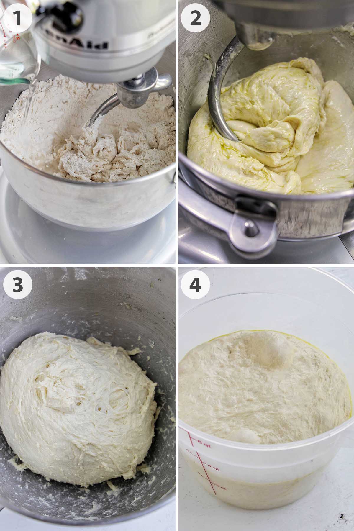 four numbered photos showing how to make focaccia Pugliese dough.