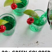 pouring three green shots with text overlay.