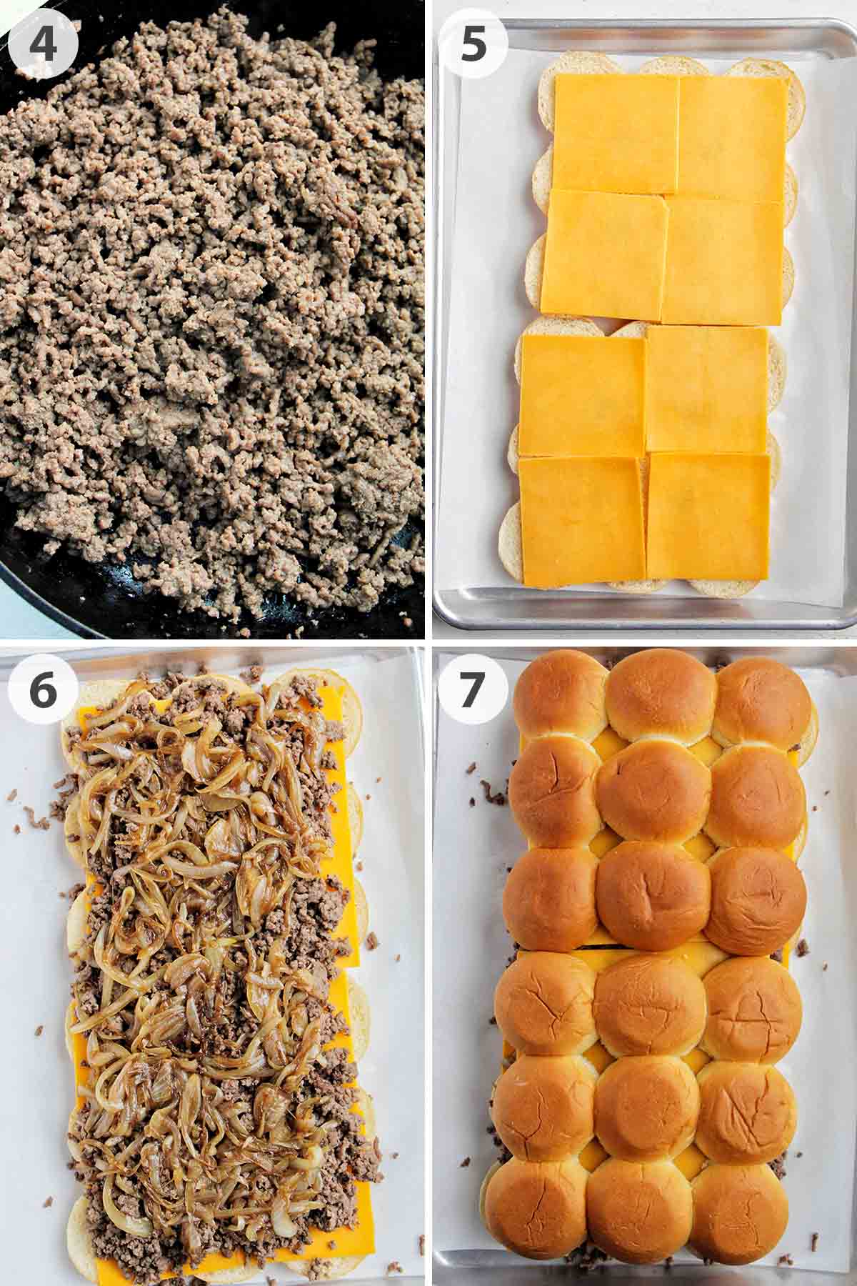 four numbered photo showing how to cook meat and assemble slider buns.