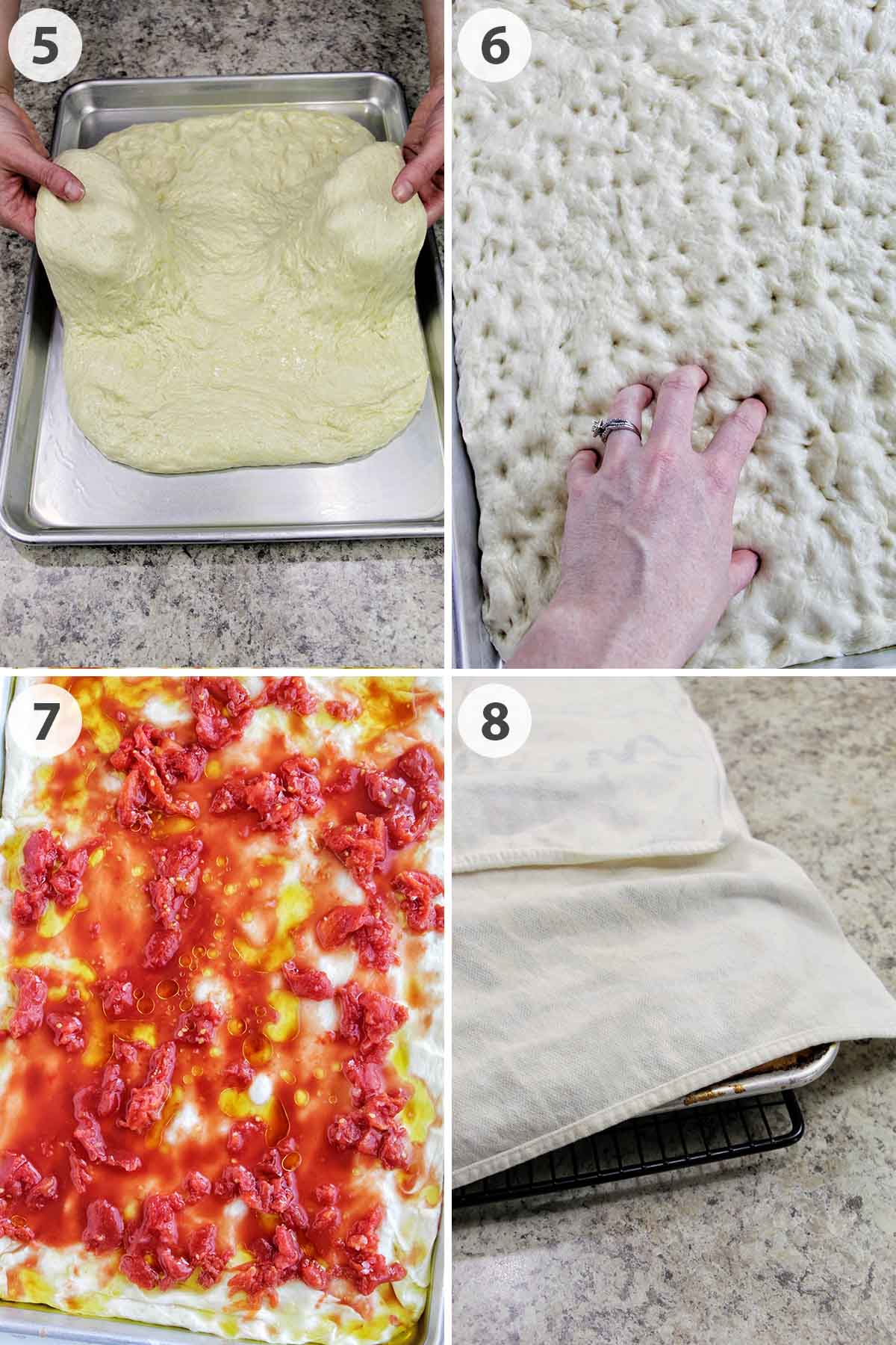 four numbered photos showing how to shape and cool tomato focaccia bread.