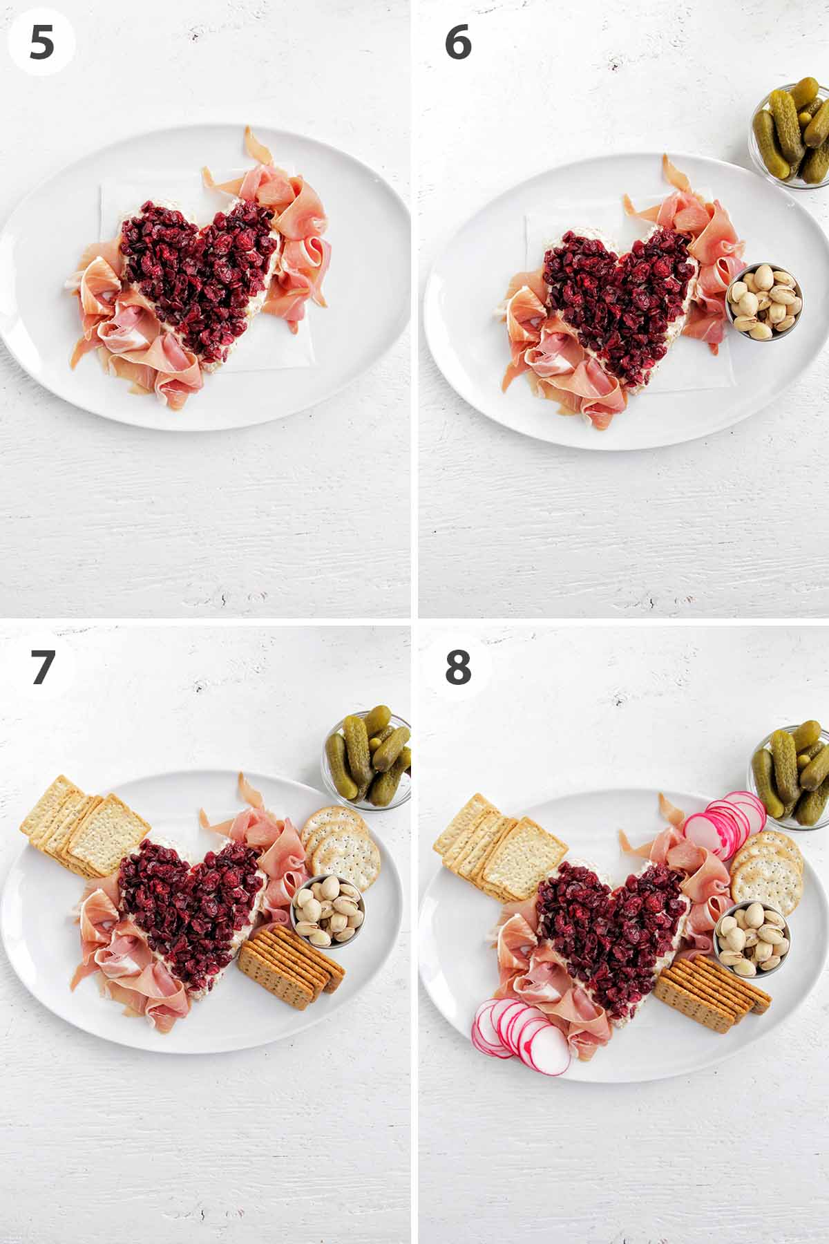 four numbered photos showing how to build a Valentine's Day charcuterie board.