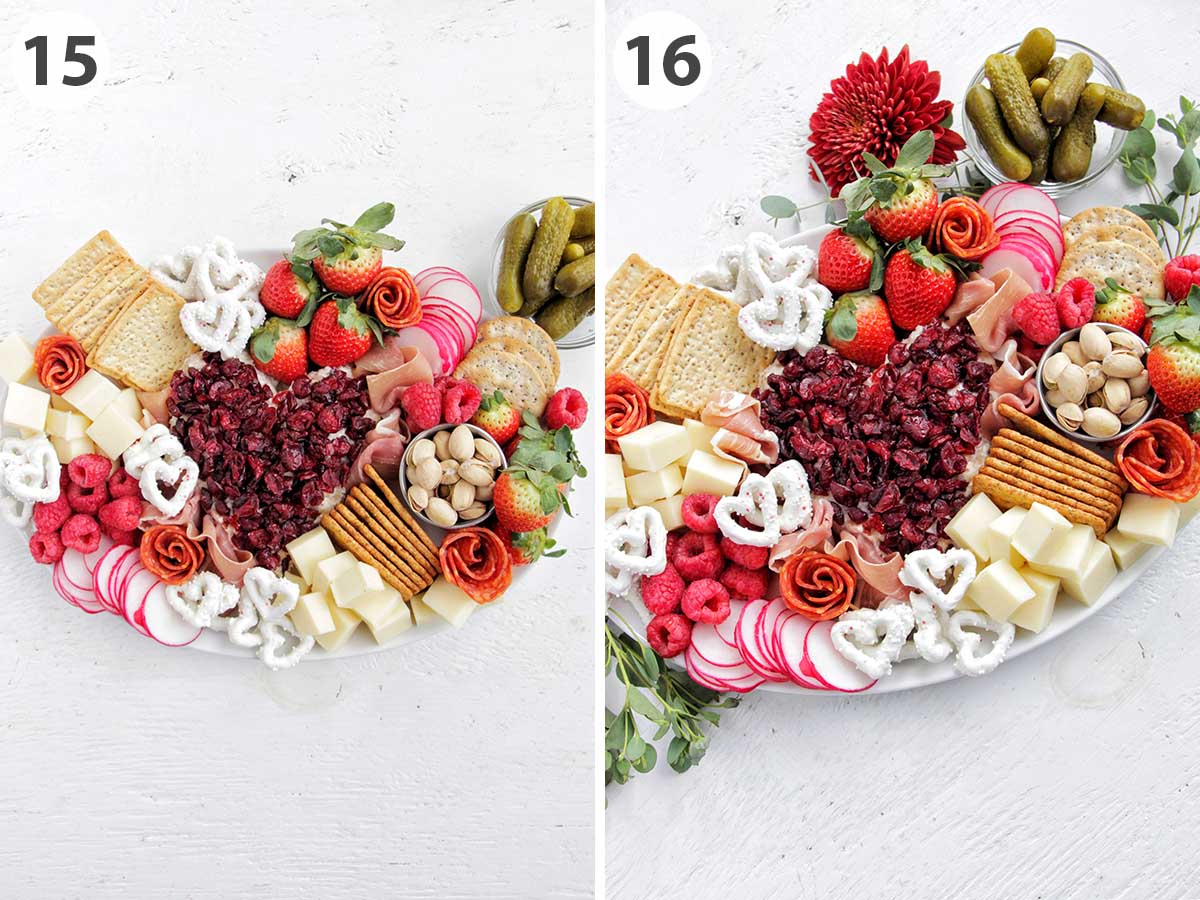 two numbered photos showing how to garnish a Valentine's Day charcuterie board.