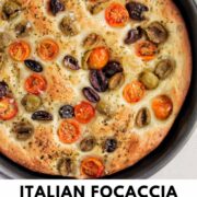 focaccia barese bread with text overlay.