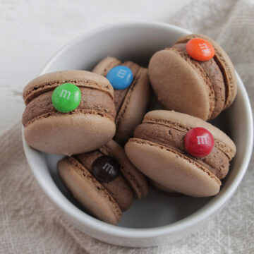 M&M macarons in a bowl.