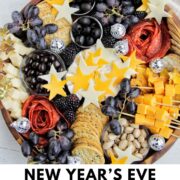 new year's eve charcuterie board with text overlay.