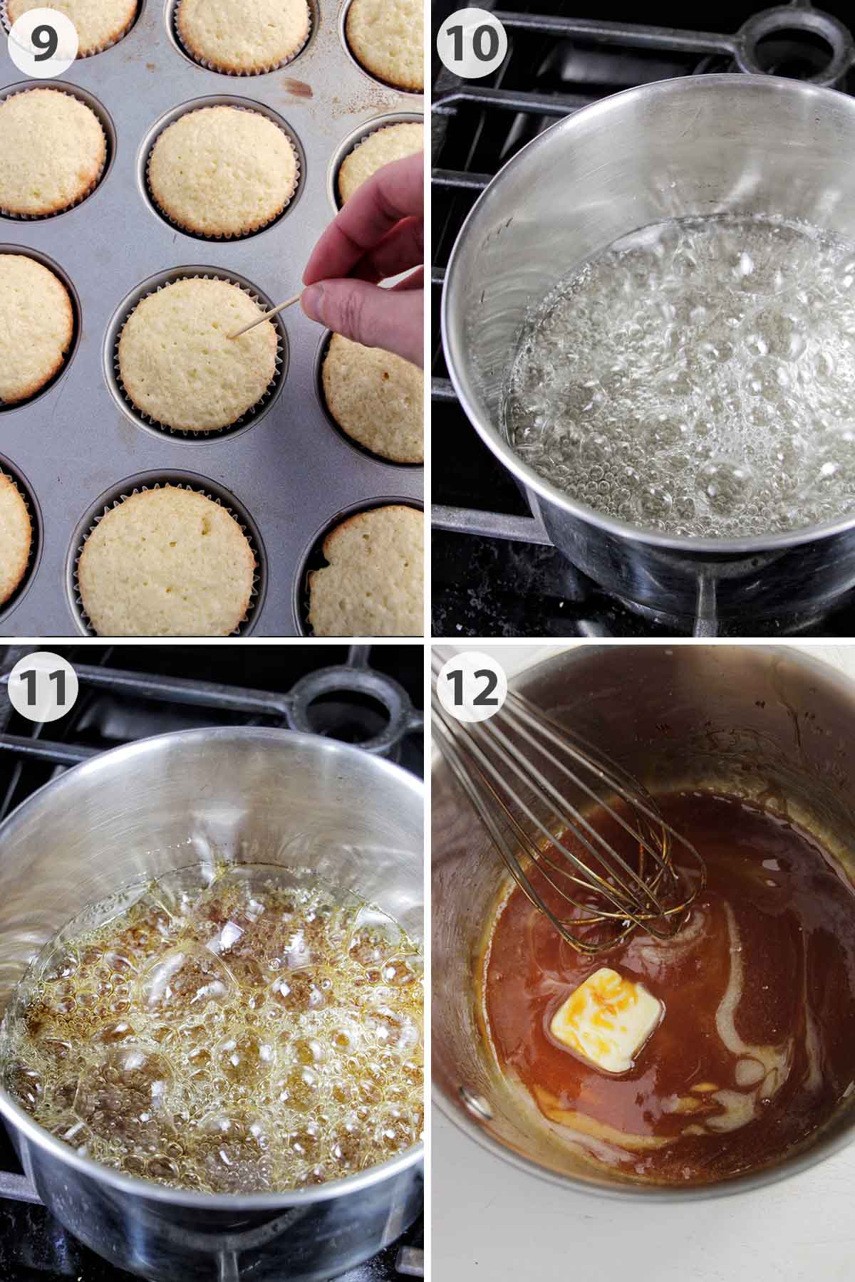four numbered photos showing how to test doneness on cupcakes and make caramel.