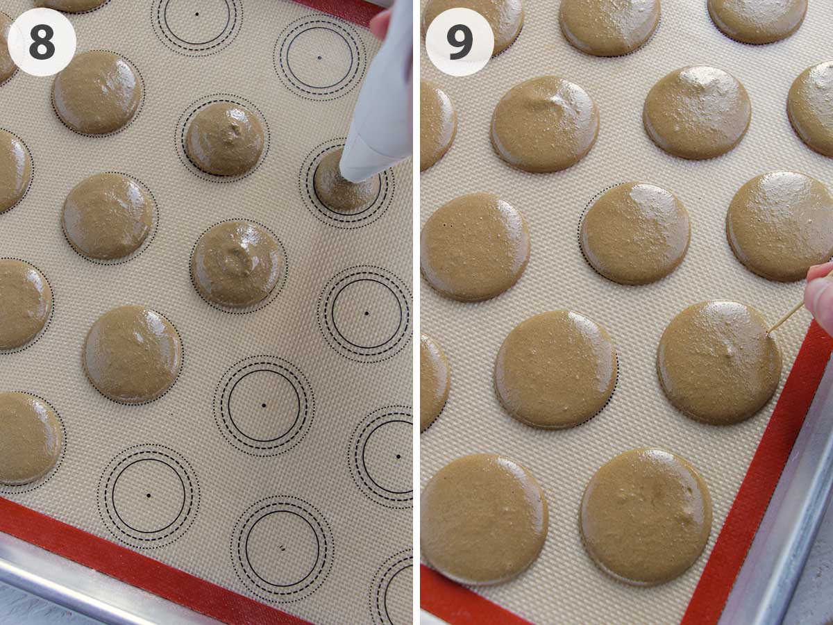 two numbered photos showing how to pipe and pop macaron batter.