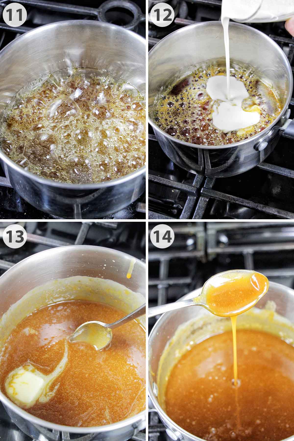 four numbered photos showing how to make salted caramel macaron filling.