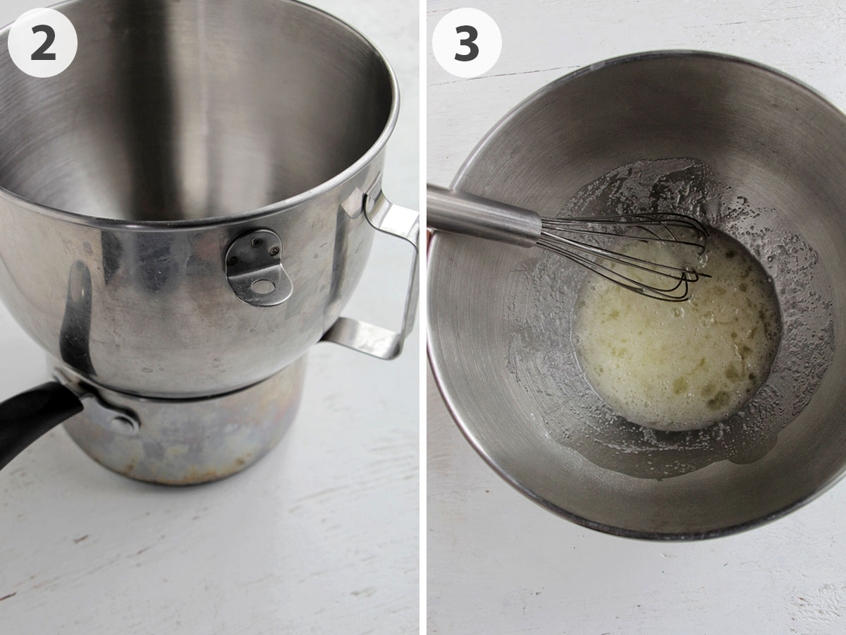 two numbered photos showing how to make Swiss meringue.