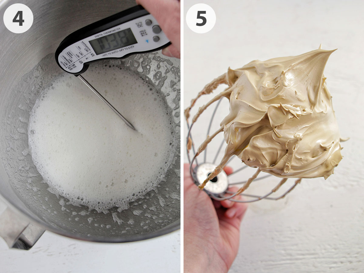 two numbered photos showing how to whip Swiss meringue.