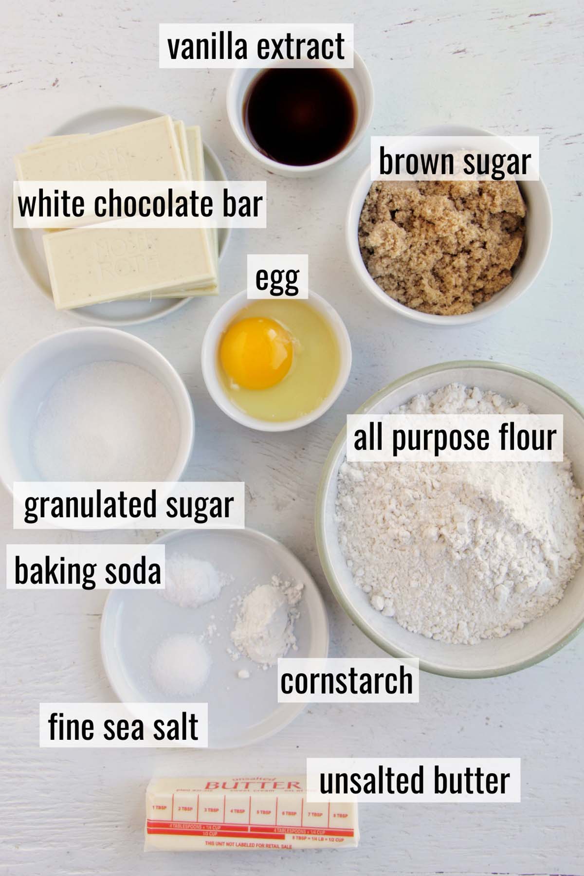 caramelized white chocolate cookie ingredients with labels.