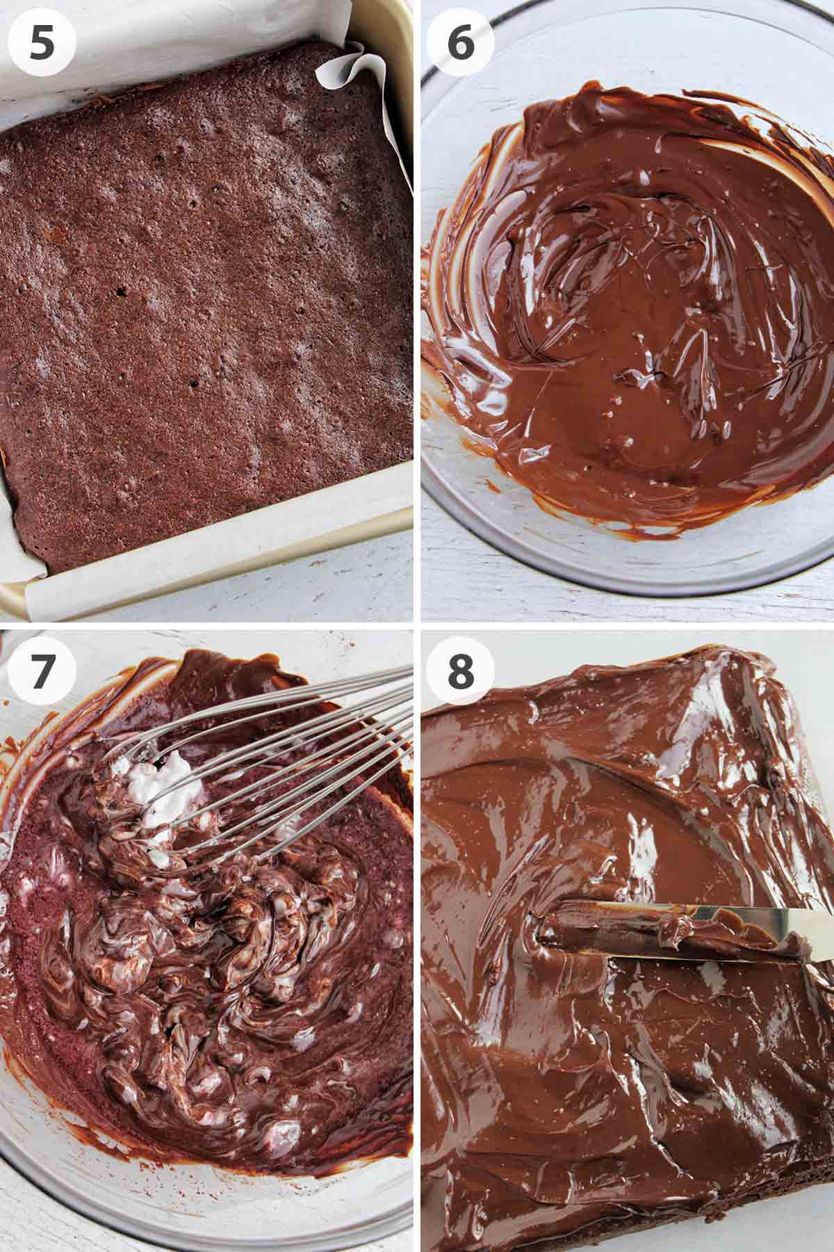 four numbered photos showing how to make red wine brownie frosting.