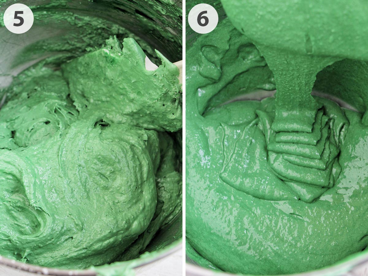 two numbered photos showing how to mix green macaron batter.