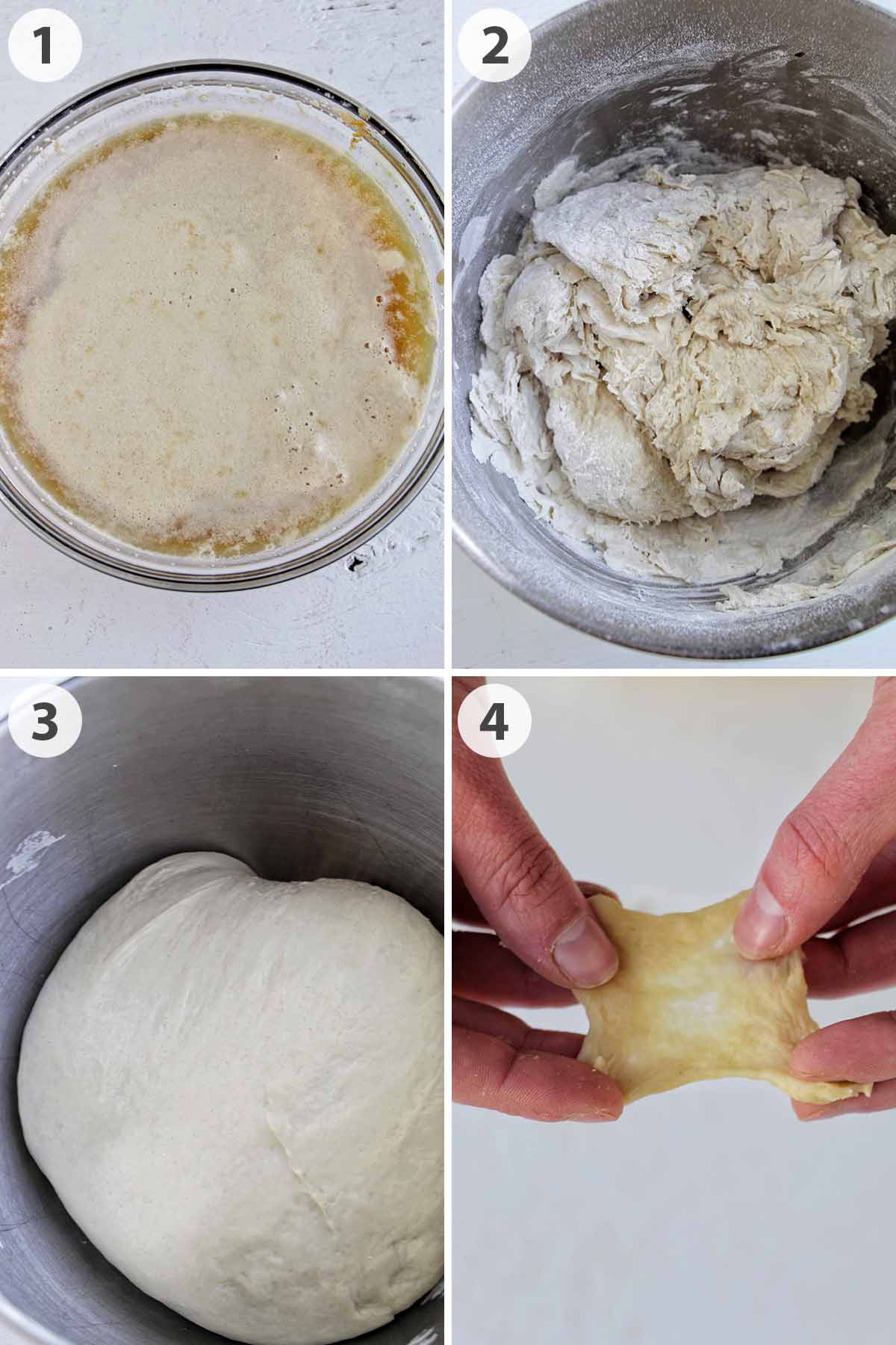 four numbered photos showing how to make bagel dough.