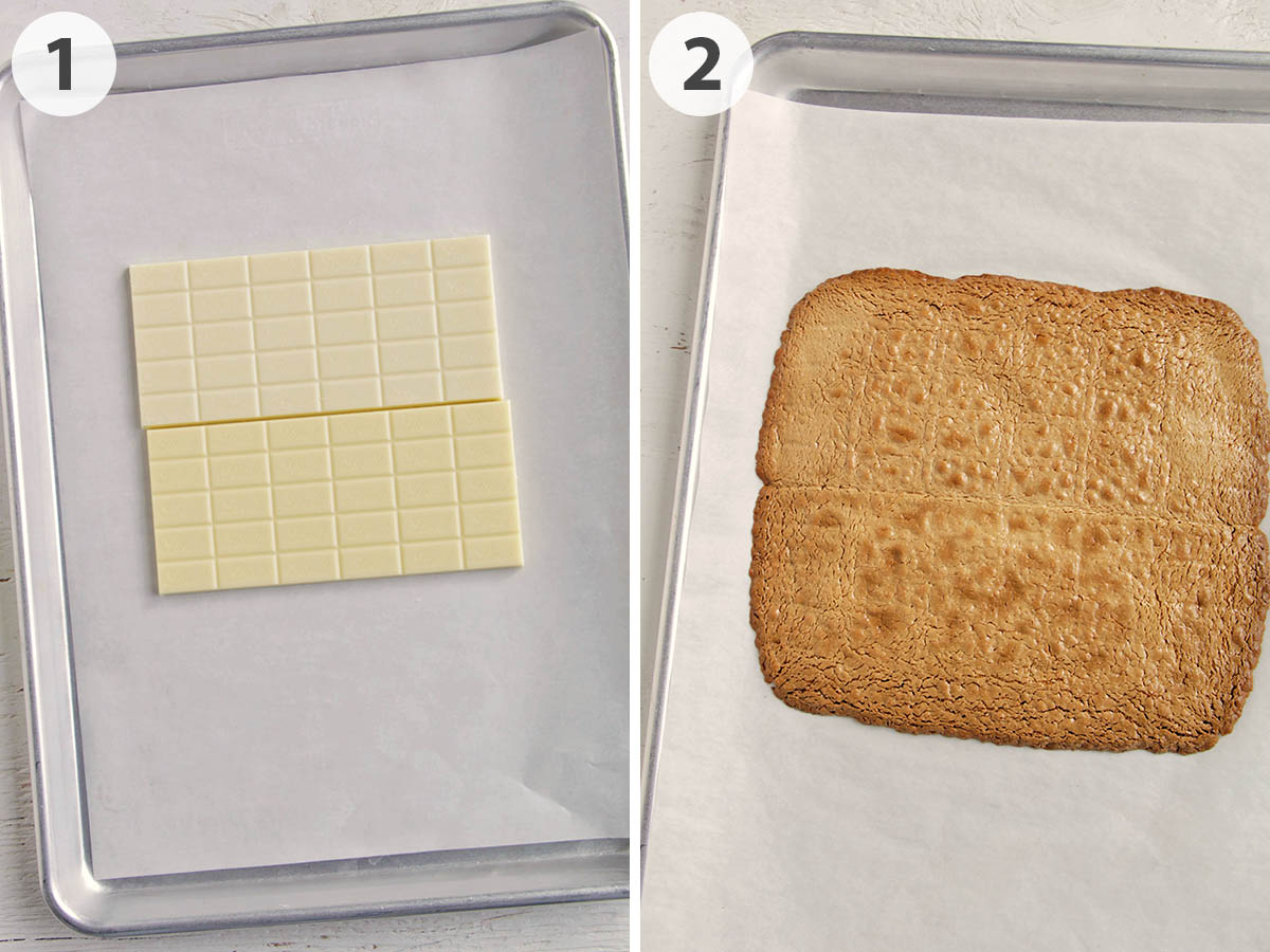 two numbered photos showing how to caramelize white chocolate.