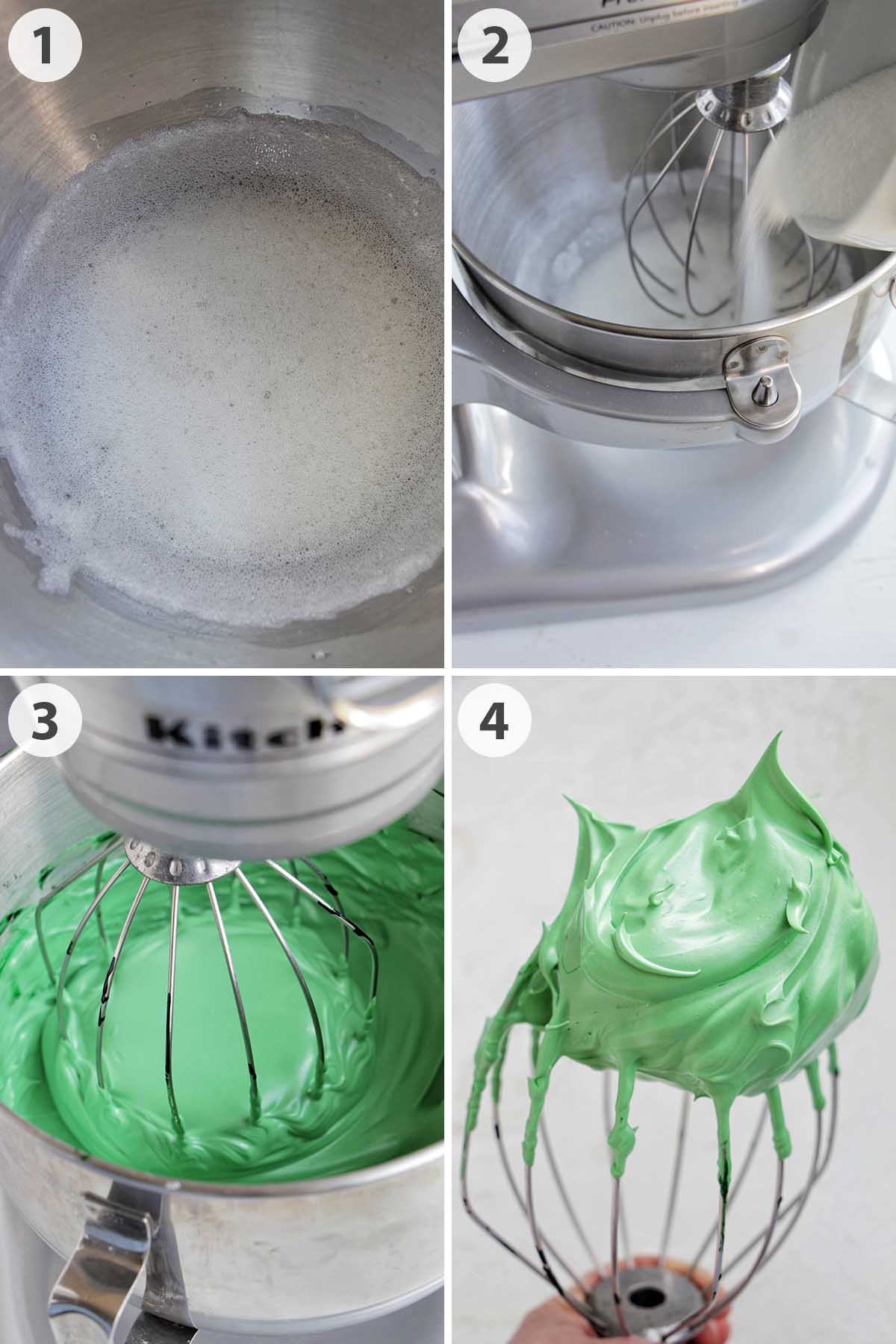 four numbered photos showing how to make green macaron batter.