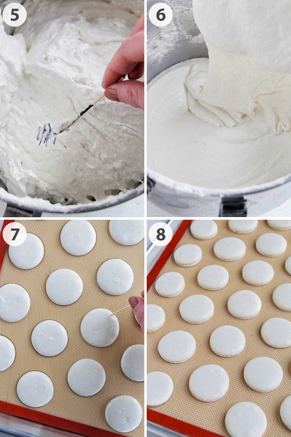 four numbered photos showing how to macaronage and pipe white macarons.