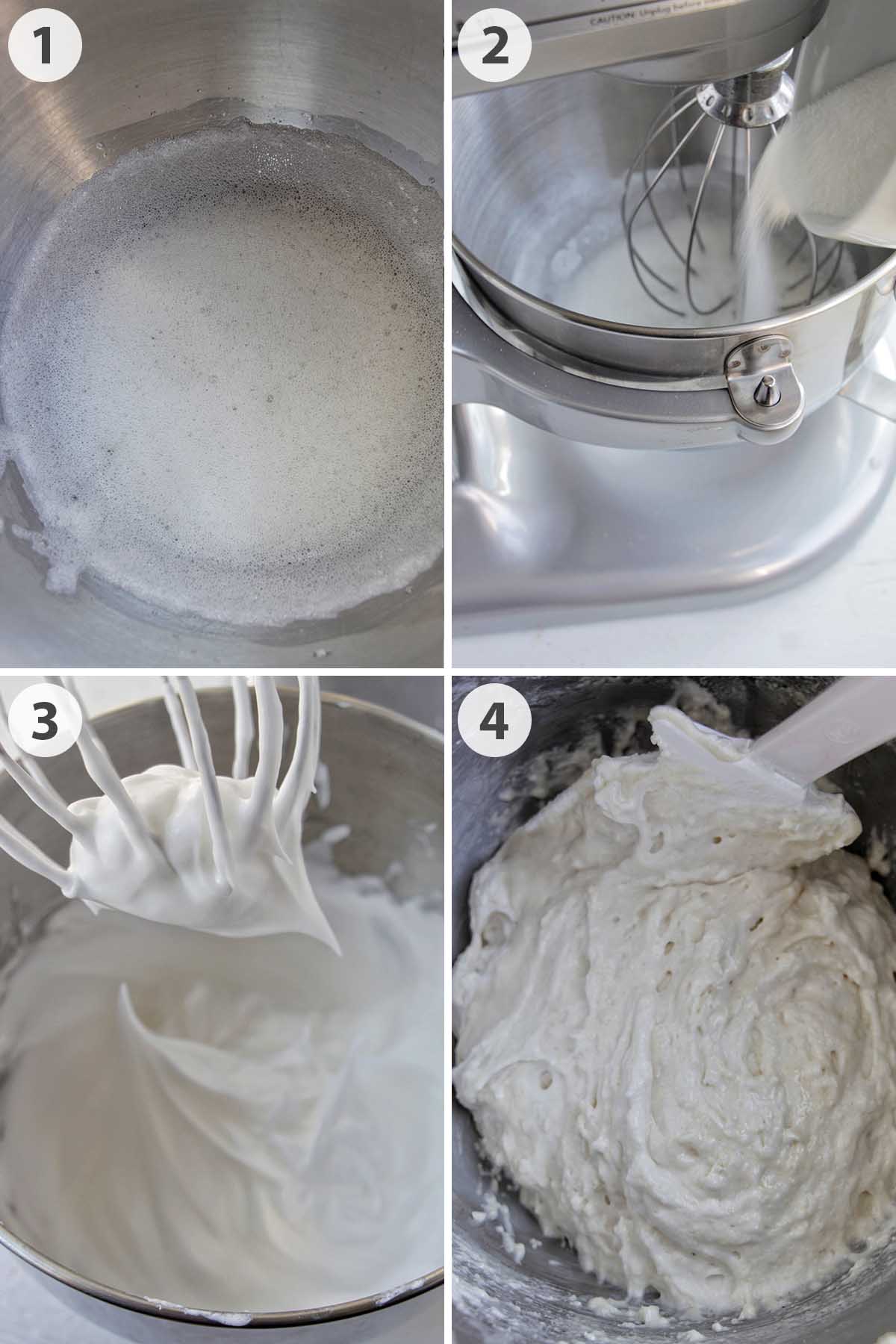 four numbered photos showing how to make white macaron batter.