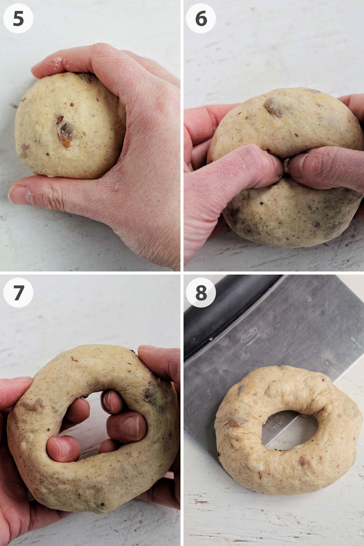 four numbered photos showing how to shape cinnamon raisin bagels.