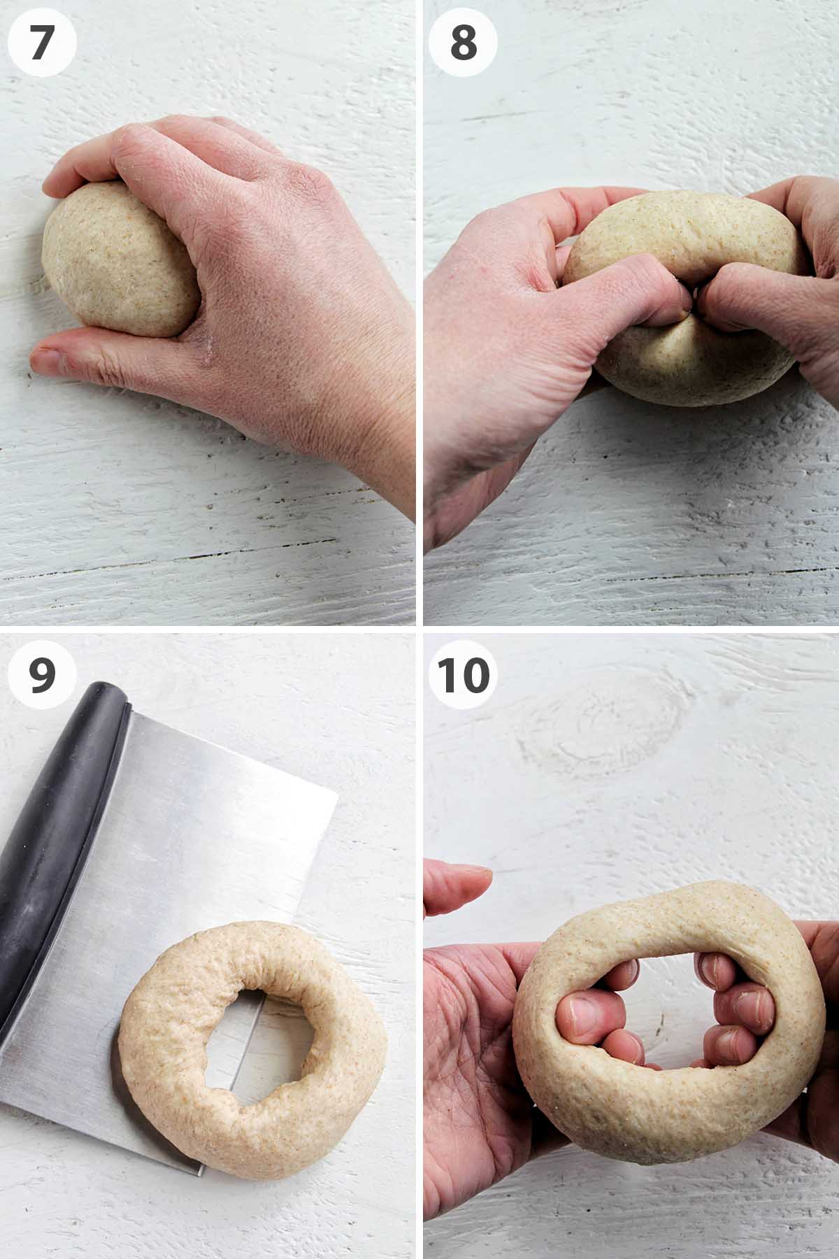 four numbered photos showing how to shape whole wheat bagels.