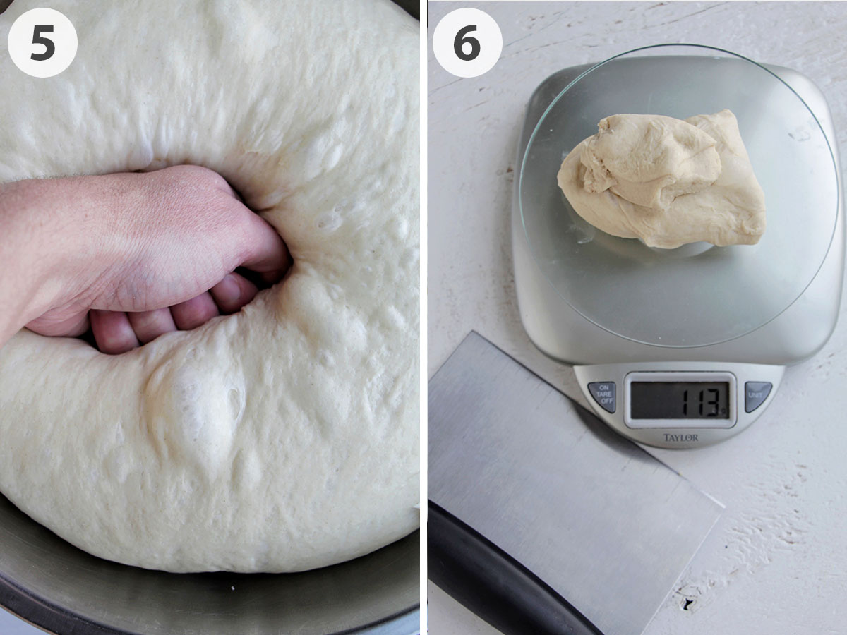 two numbered photos showing how to weigh bagel dough.