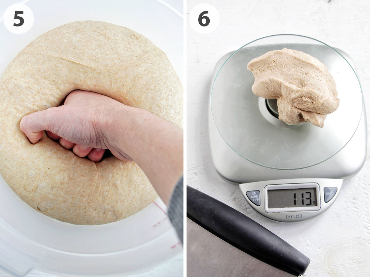 two numbered photos showing how to weigh whole wheat bagel dough.