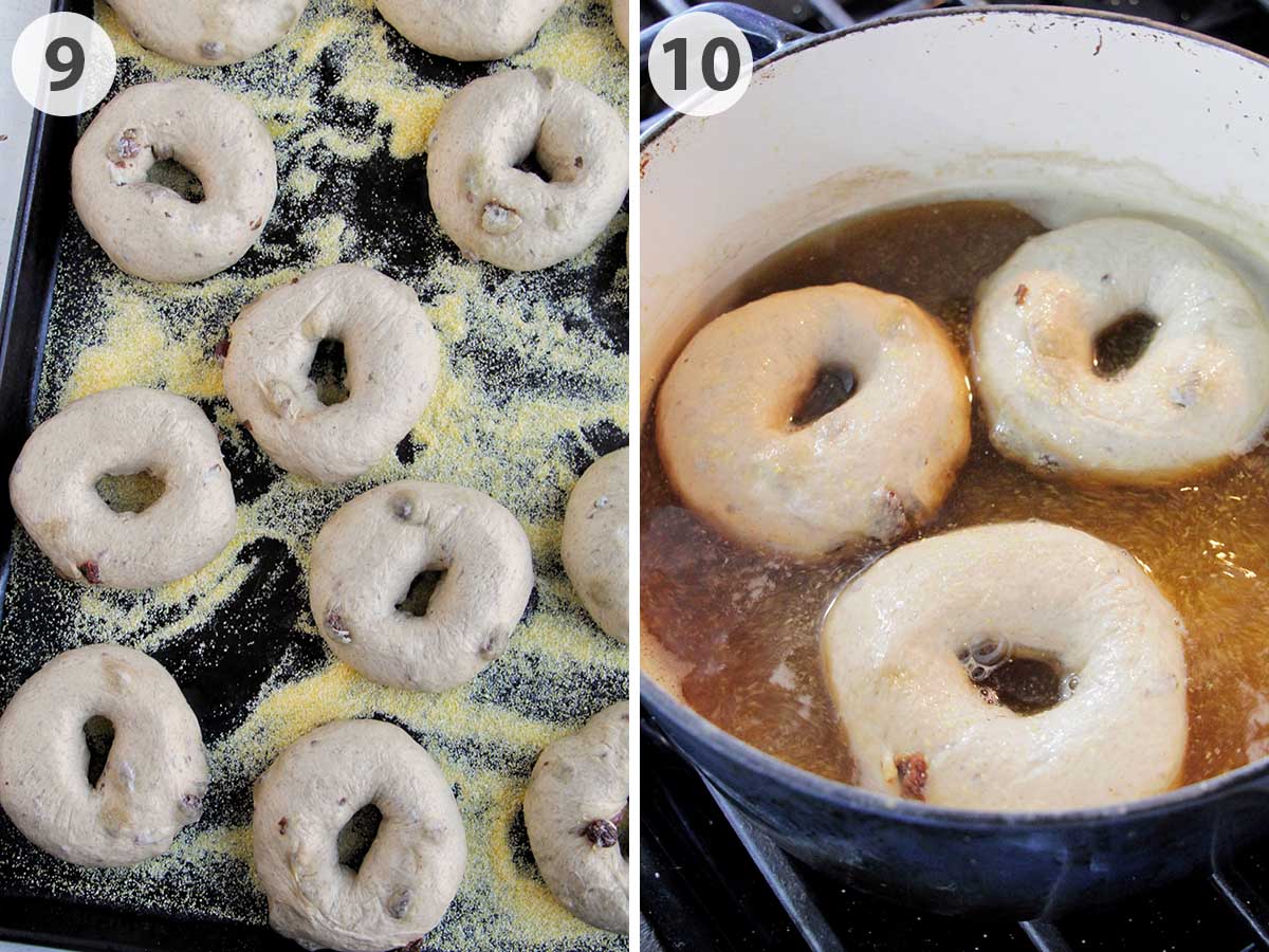two numbered photos showing how to proof and boil bagels.