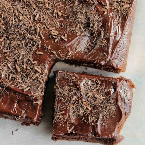 red wine brownies with chocolate frosting.