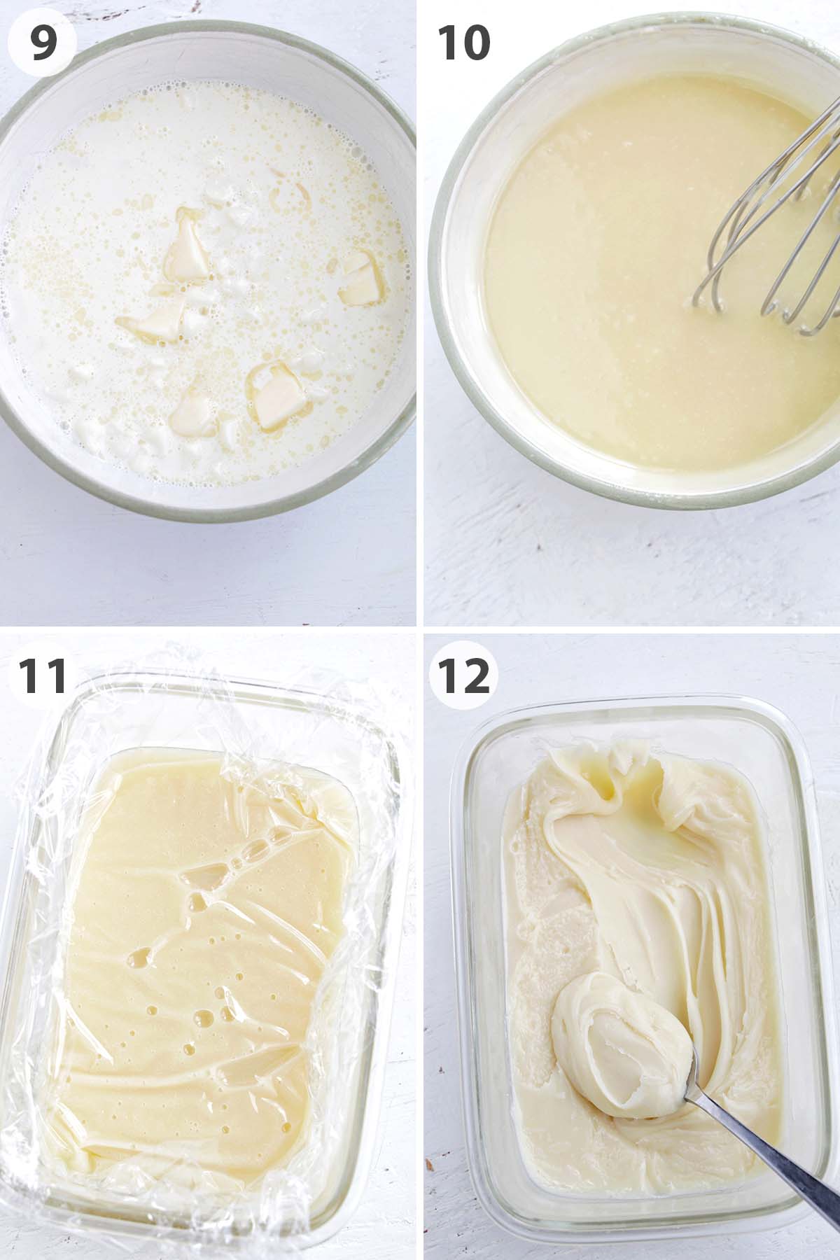 four numbered photos showing how to make white chocolate ganache.