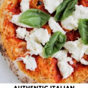 Italian Neapolitan pizza with text overlay.