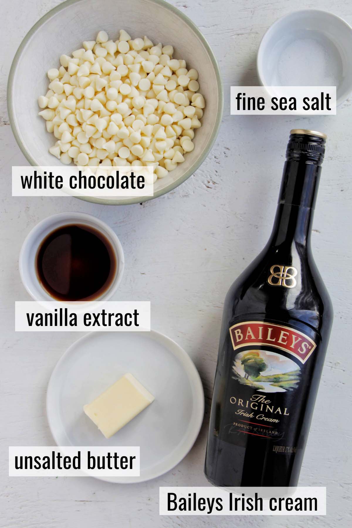 baileys Irish cream chocolate ganache ingredients with labels.