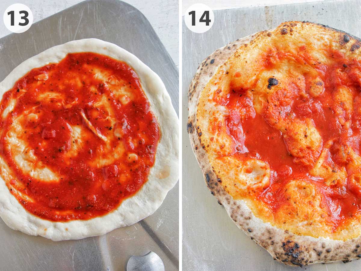 two numbered photos showing how to add sauce and cook pizza dough.