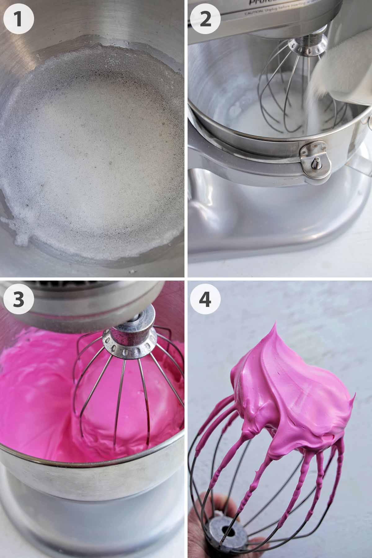 four numbered photos showing how to make hot pink meringue for macarons.