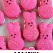 hot pink Peeps macarons with text overlay.