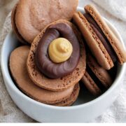 Reese's peanut butter egg macarons with text overlay.