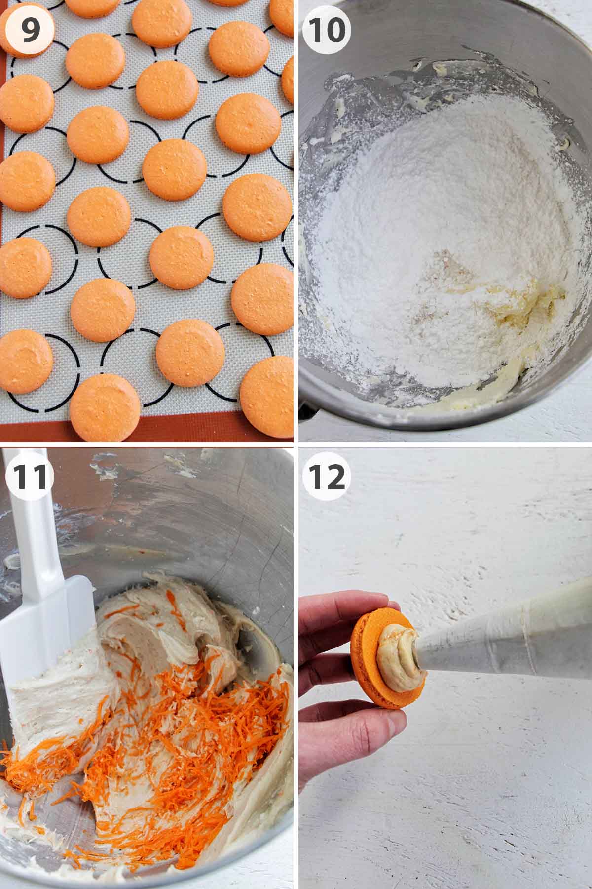 four numbered photos showing how to make carrot cake filling for macarons.