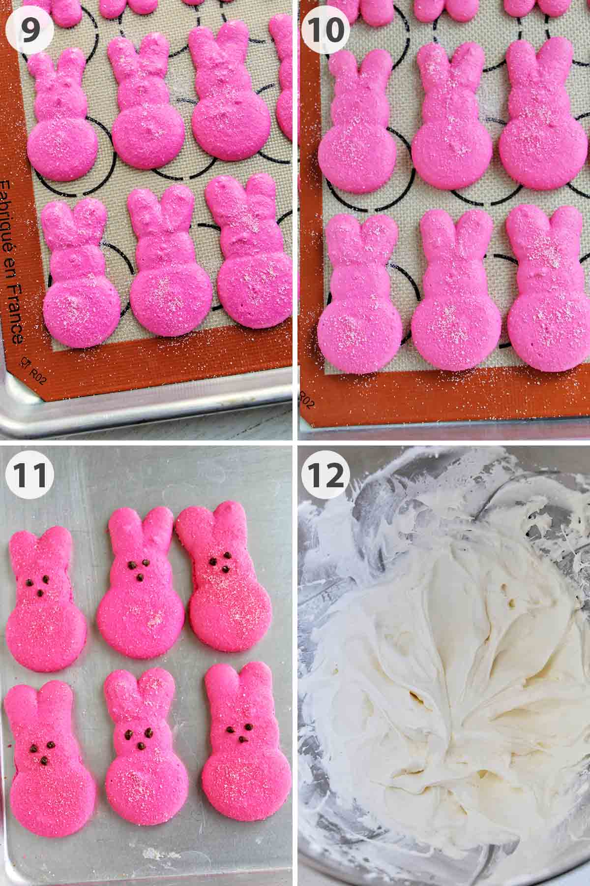 four numbered photos showing how to bake and decorate bunny Peeps macarons.