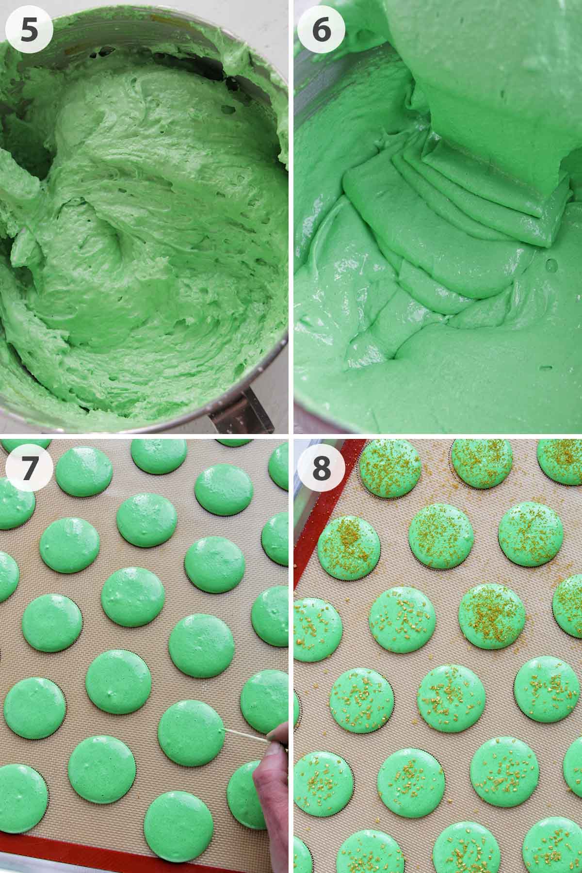 four numbered photos showing how to smooth and pipe green macaron batter.