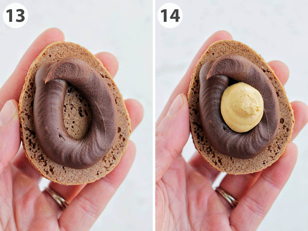 two numbered photos showing how to fill Reese's egg macarons.