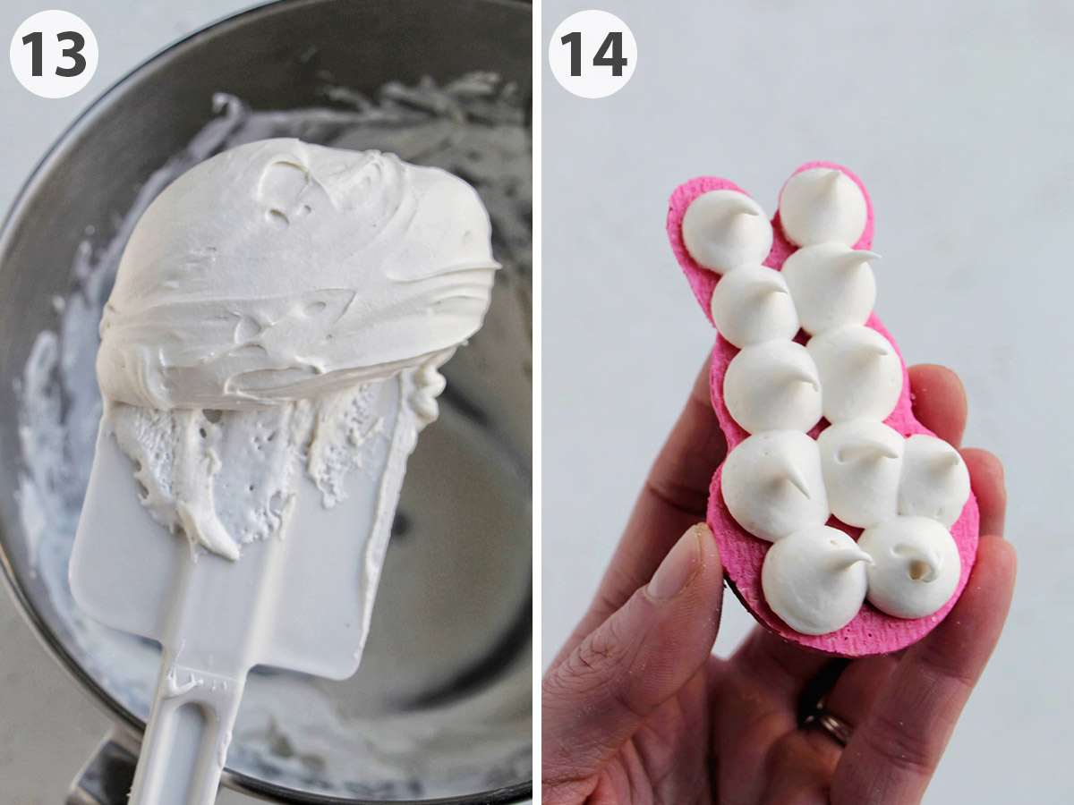 two numbered photos showing how to make Peep marshmallow macaron filling.